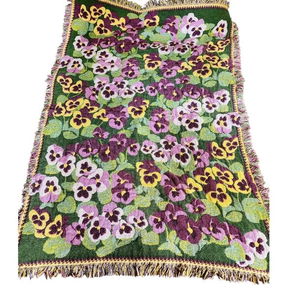 Iconic Purple Pansy Floral Woven Blanket 90s Tapestry Throw 48 in x 74 in Cotton - Picture 1 of 8
